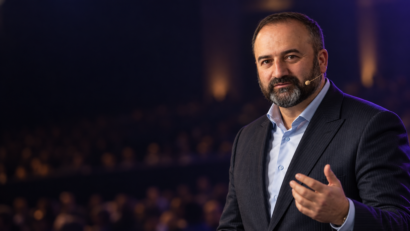 Marius Jansonas su mikrofonu kalba renginio scenoje